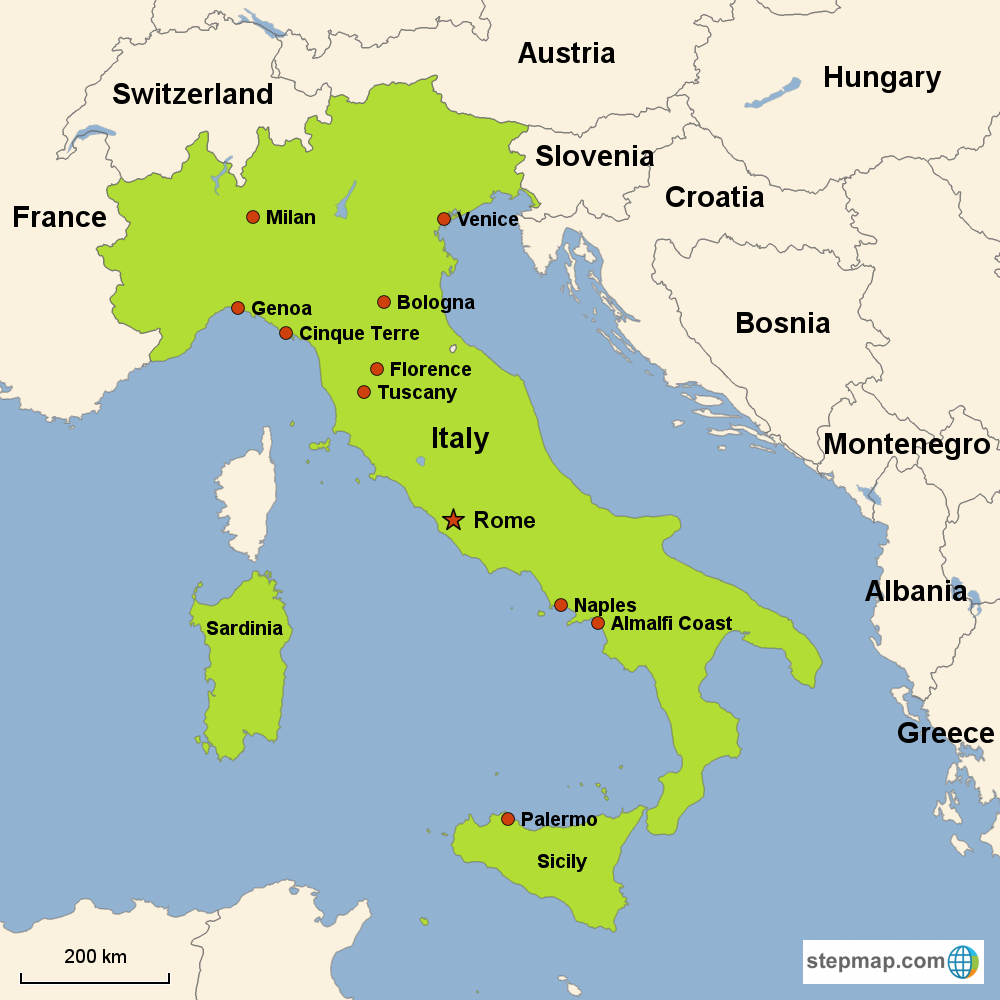 Map of Italy in Europe