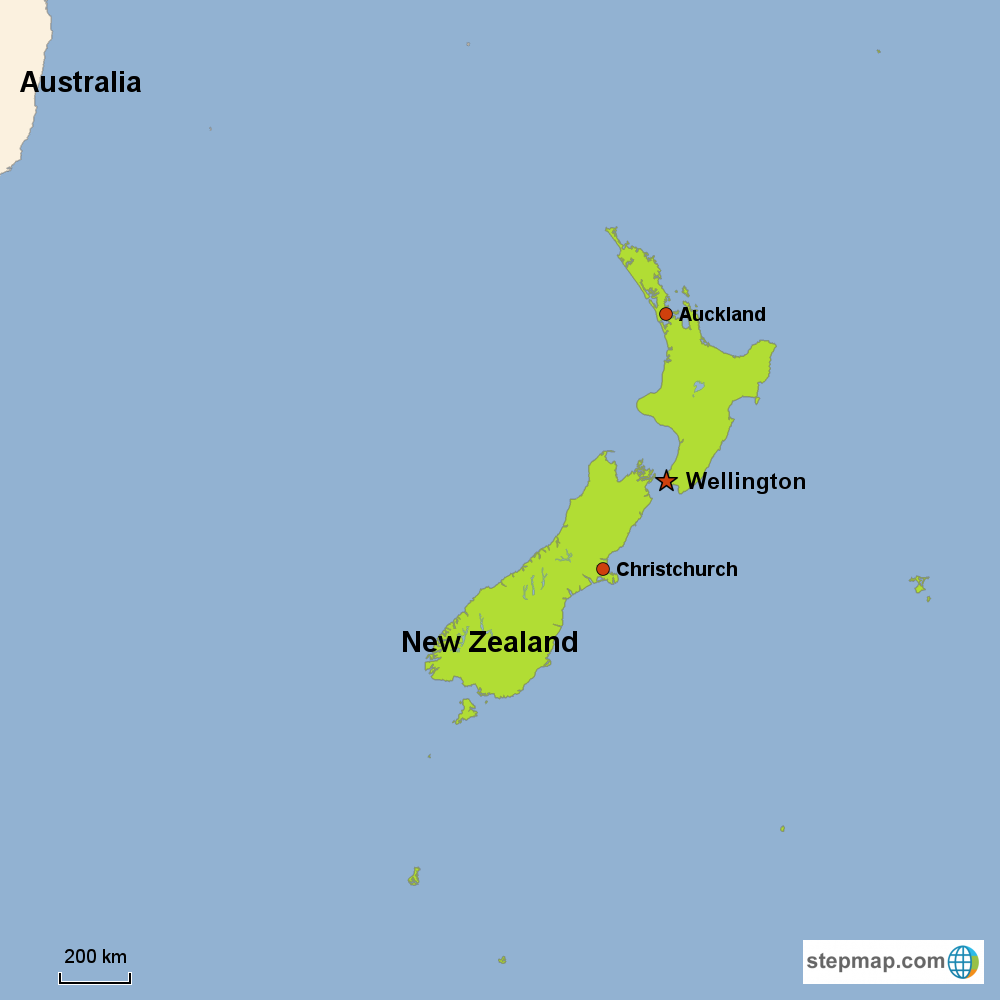 Map of New Zealand in the South Pacific