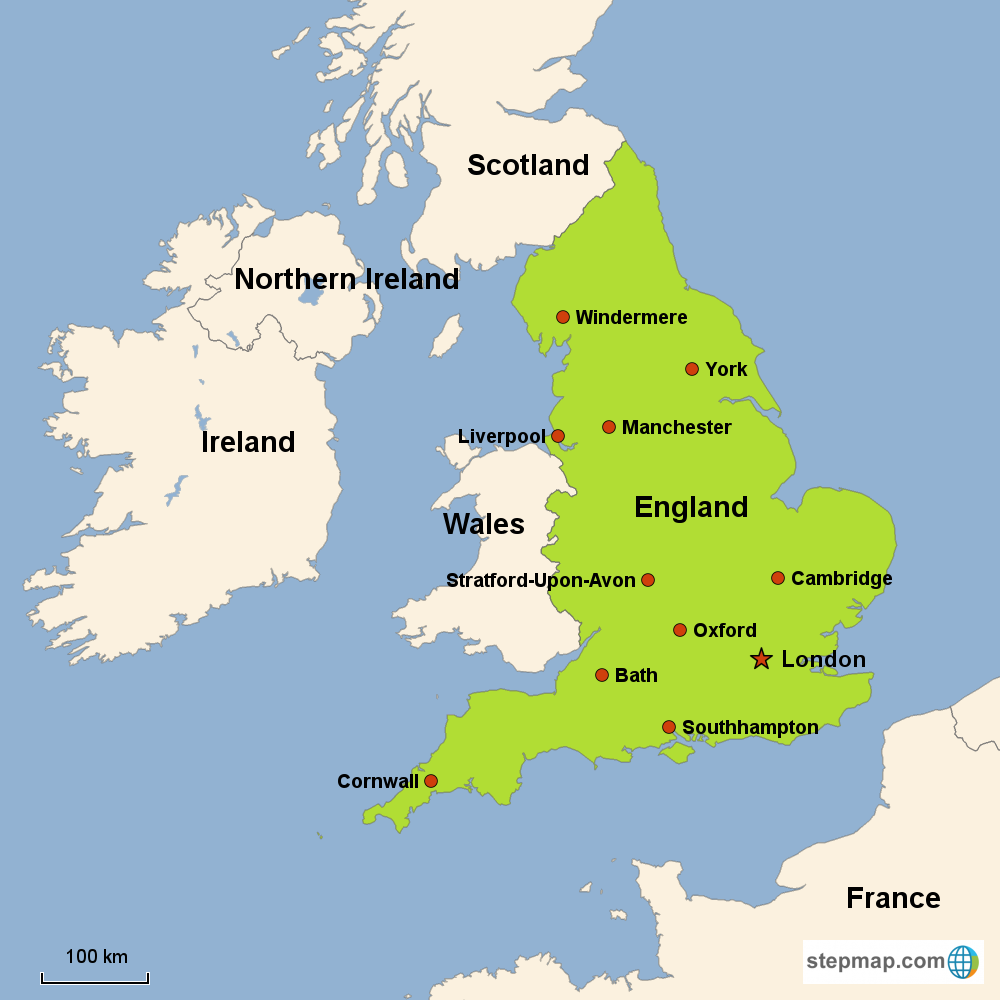 Map of England in Europe