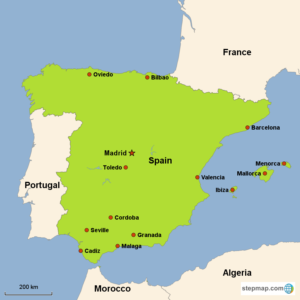 Map of Spain in Europe